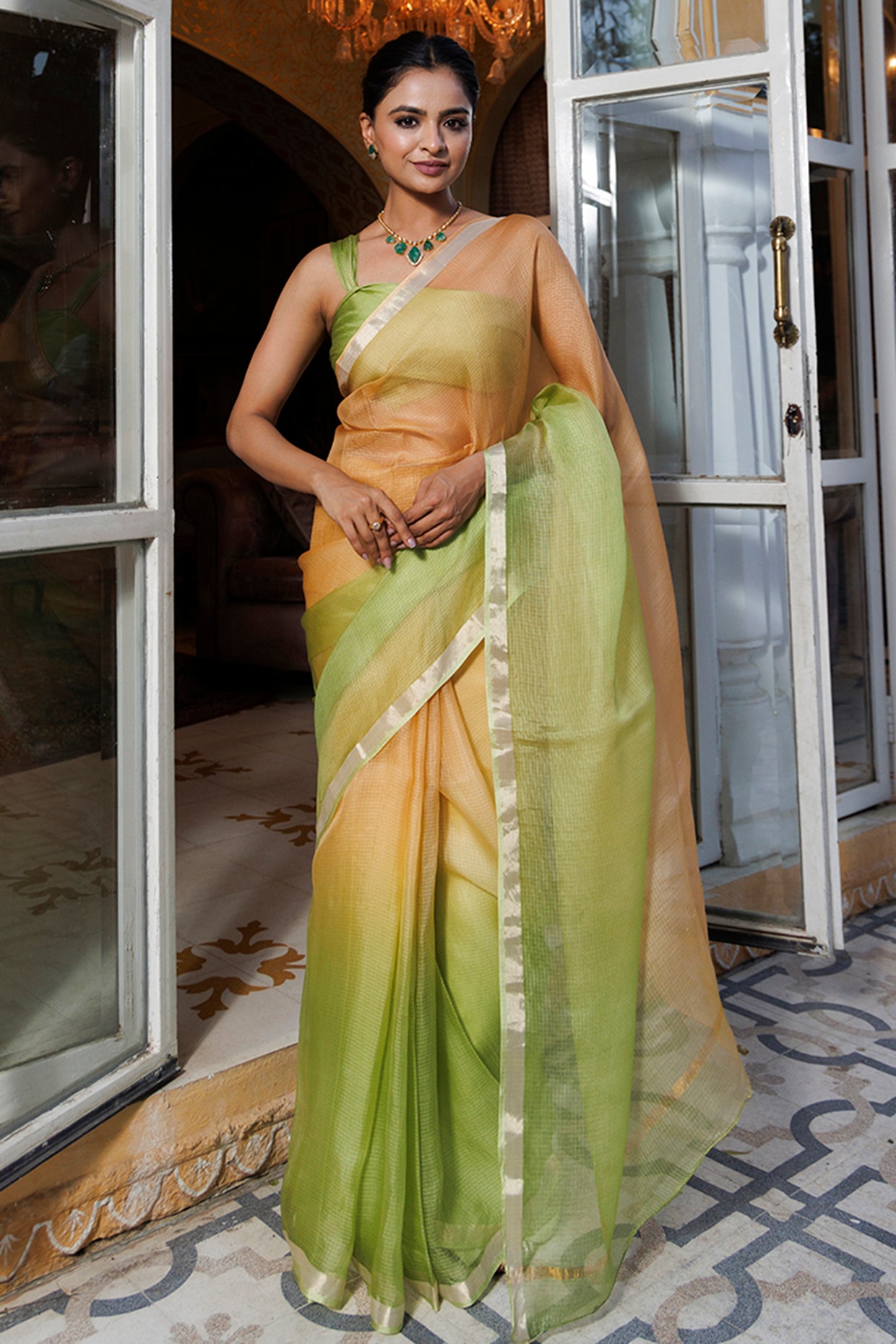 Geroo Jaipur Beige & Green Kota Silk Hand-Dyed Saree Set
