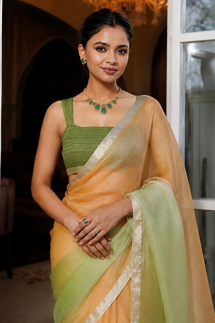 Beige & Green Kota Silk Hand-Dyed Party Wear Saree Set by Geroo Jaipur at Pernia's Pop Up Shop