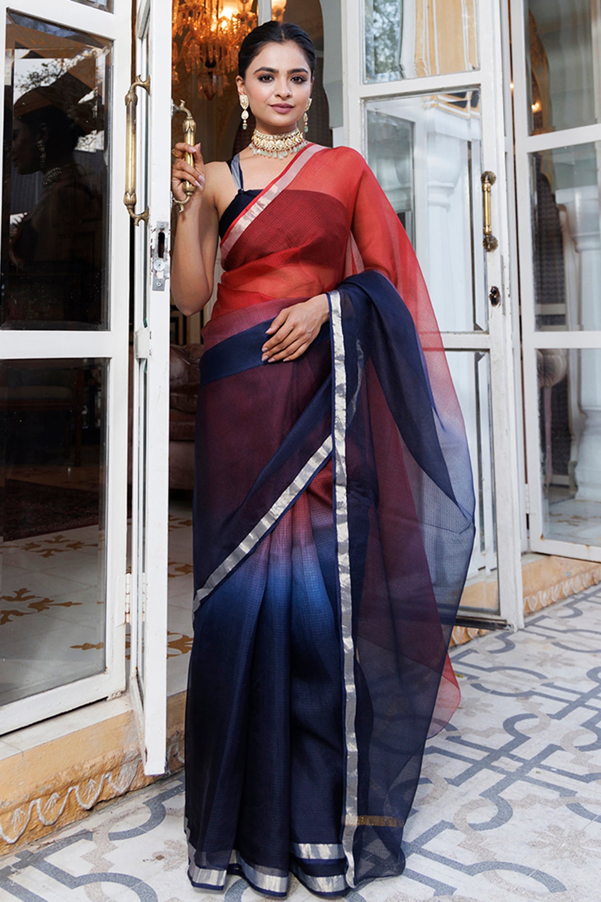 Geroo Jaipur Maroon & Dark Blue Kota Silk Hand-Dyed Saree Set