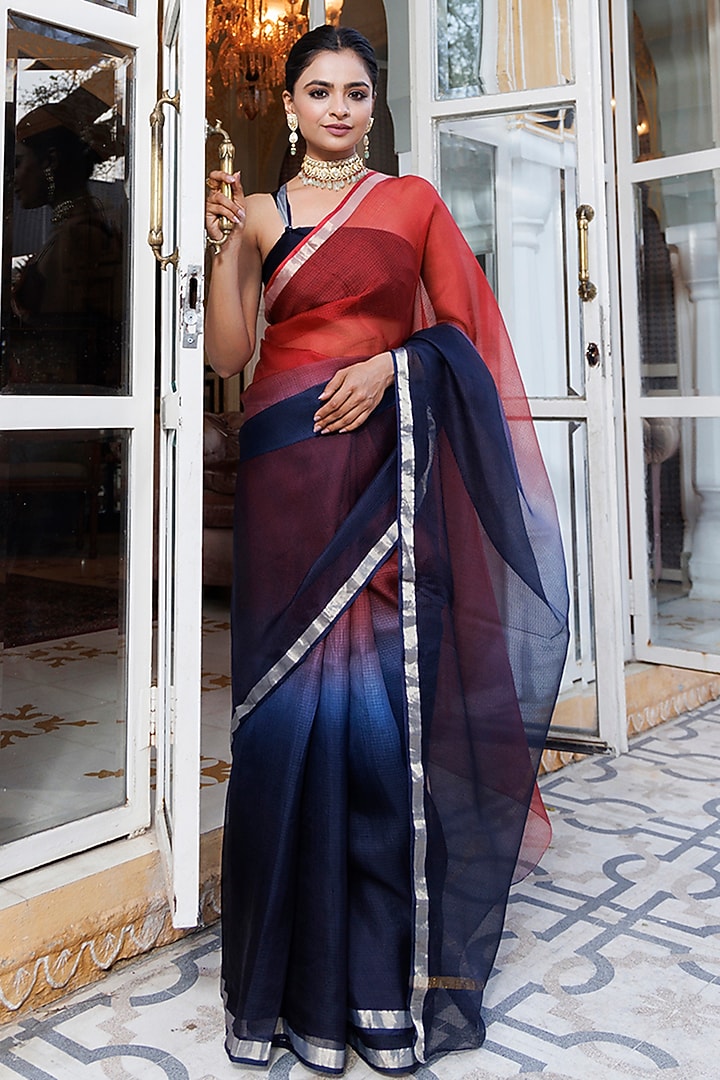 Maroon & Dark Blue Kota Silk Hand-Dyed Party Wear Saree Set by Geroo Jaipur at Pernia's Pop Up Shop