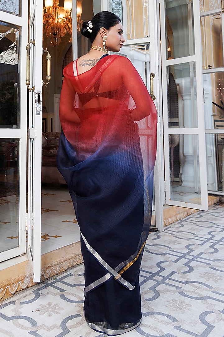 Maroon & Dark Blue Kota Silk Hand-Dyed Party Wear Saree Set by Geroo Jaipur at Pernia's Pop Up Shop