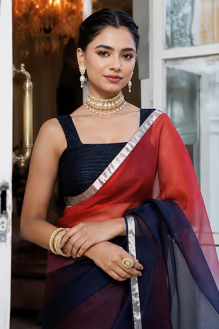 Maroon & Dark Blue Kota Silk Hand-Dyed Party Wear Saree Set by Geroo Jaipur at Pernia's Pop Up Shop
