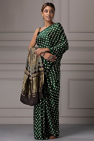 Green Handcrafted Modal Silk Bandhani Printed & Zari Embroidered Saree Set by Geroo Jaipur