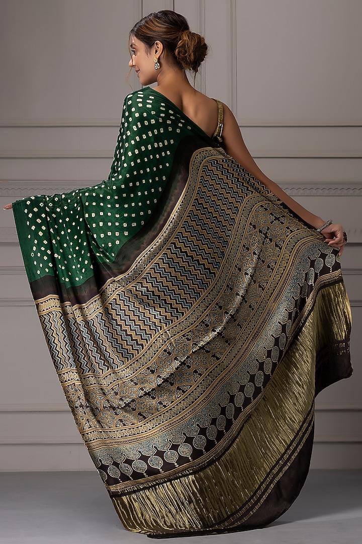 Green Handcrafted Modal Silk Bandhani Printed & Zari Embroidered Party Wear Saree Set by Geroo Jaipur at Pernia's Pop Up Shop