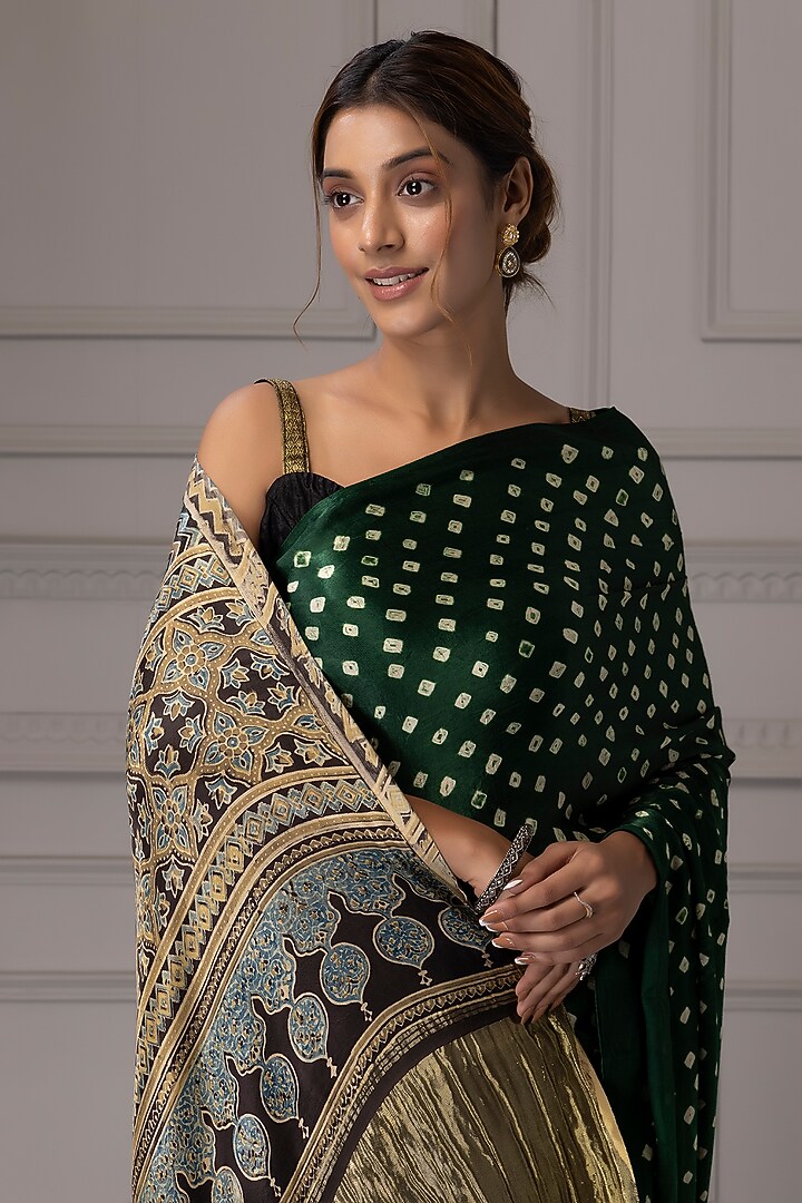 Green Handcrafted Modal Silk Bandhani Printed & Zari Embroidered Party Wear Saree Set by Geroo Jaipur at Pernia's Pop Up Shop