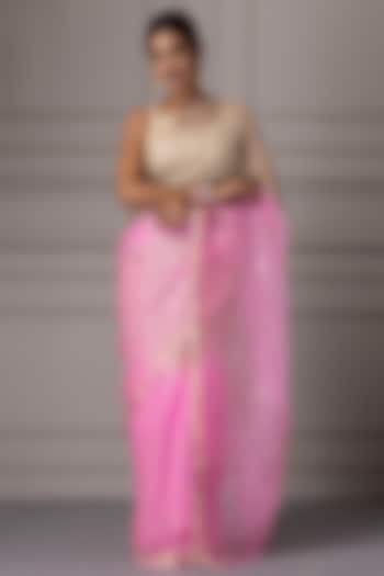 Cream & Pink Pure Kota Silk Zari Embroidered Party Wear Saree Set by Geroo Jaipur at Pernia's Pop Up Shop