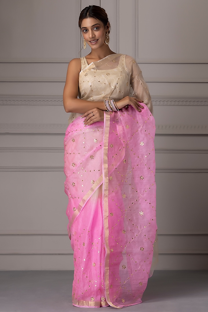 Cream & Pink Pure Kota Silk Zari Embroidered Party Wear Saree Set by Geroo Jaipur at Pernia's Pop Up Shop