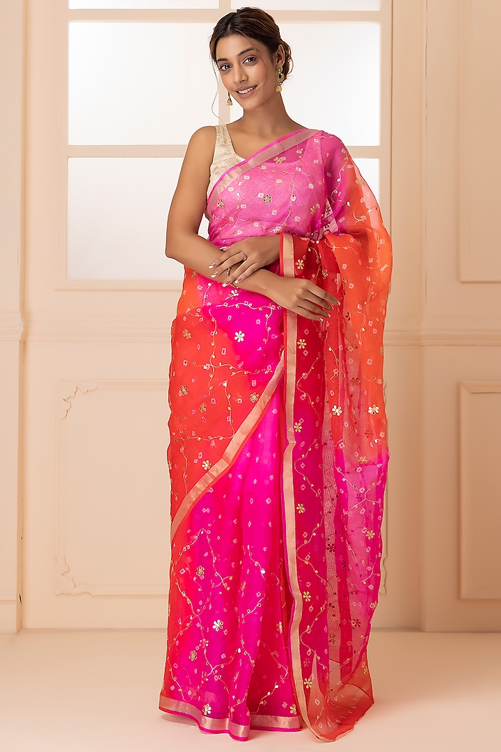 Red & Pink Kota Silk Bandhani Embroidered Saree Set by Geroo Jaipur