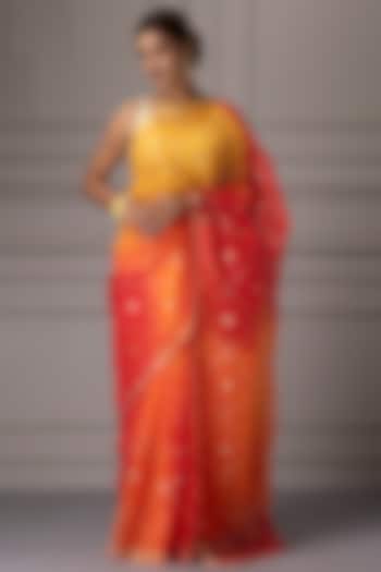 Yellow & Orange Pure Kota Silk Bandhani Zari Embroidered Party Wear Saree Set by Geroo Jaipur at Pernia's Pop Up Shop