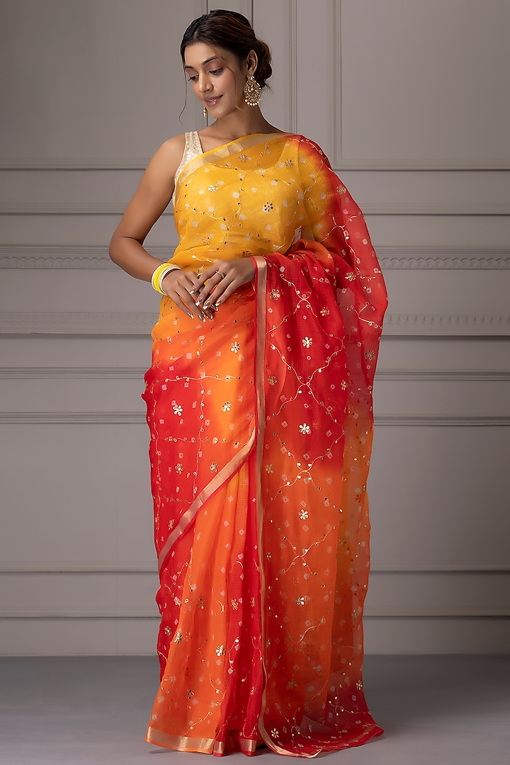 Yellow & Orange Pure Kota Silk Bandhani Zari Embroidered Party Wear Saree Set by Geroo Jaipur at Pernia's Pop Up Shop