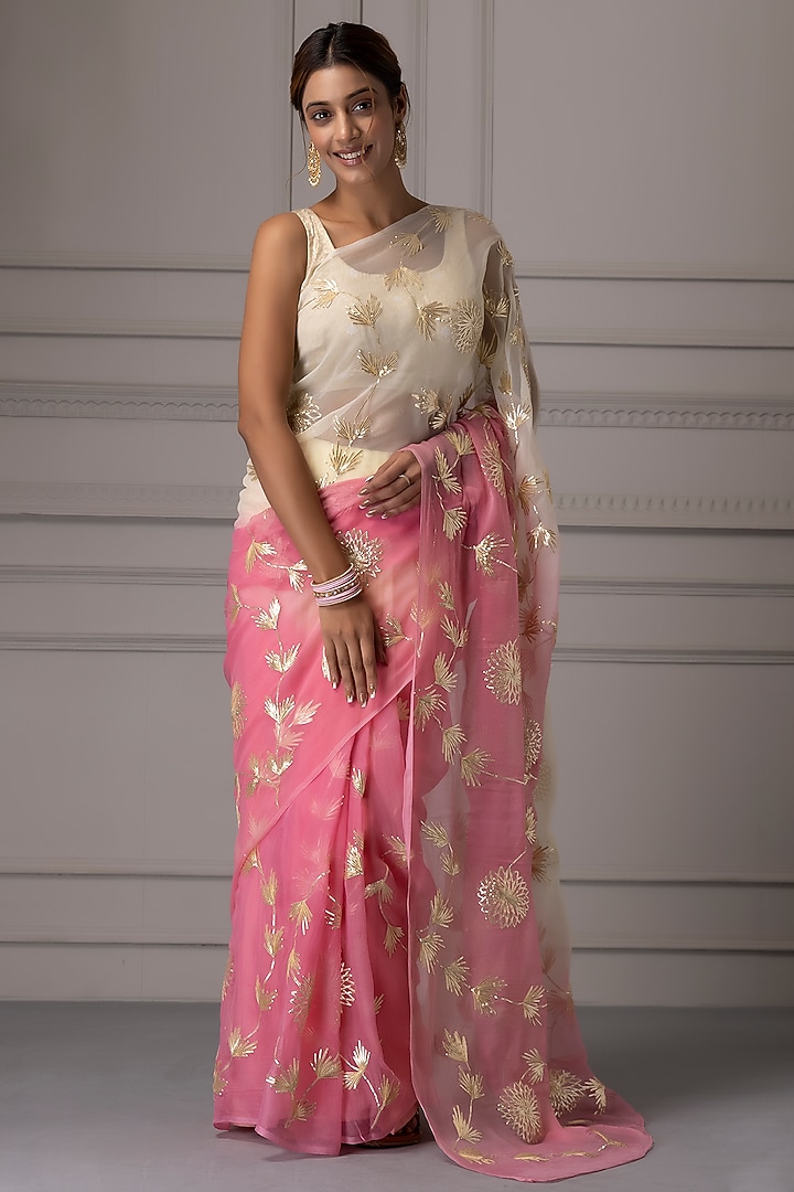 Pink & Cream Chiffon Gota Embellished Party Wear Saree Set by Geroo Jaipur at Pernia's Pop Up Shop