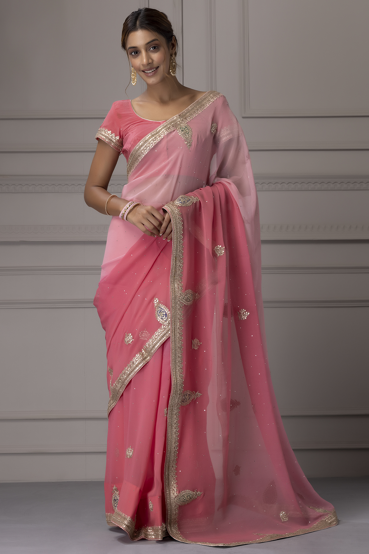 Pink & Peach Embroidered Saree Set by Geroo Jaipur