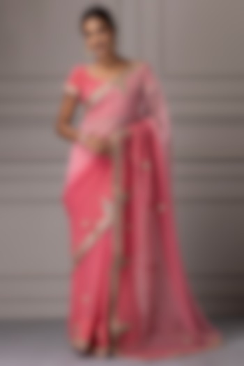Pink & Peach Pure Georgette Mukaish Embroidered Saree Set by Geroo Jaipur