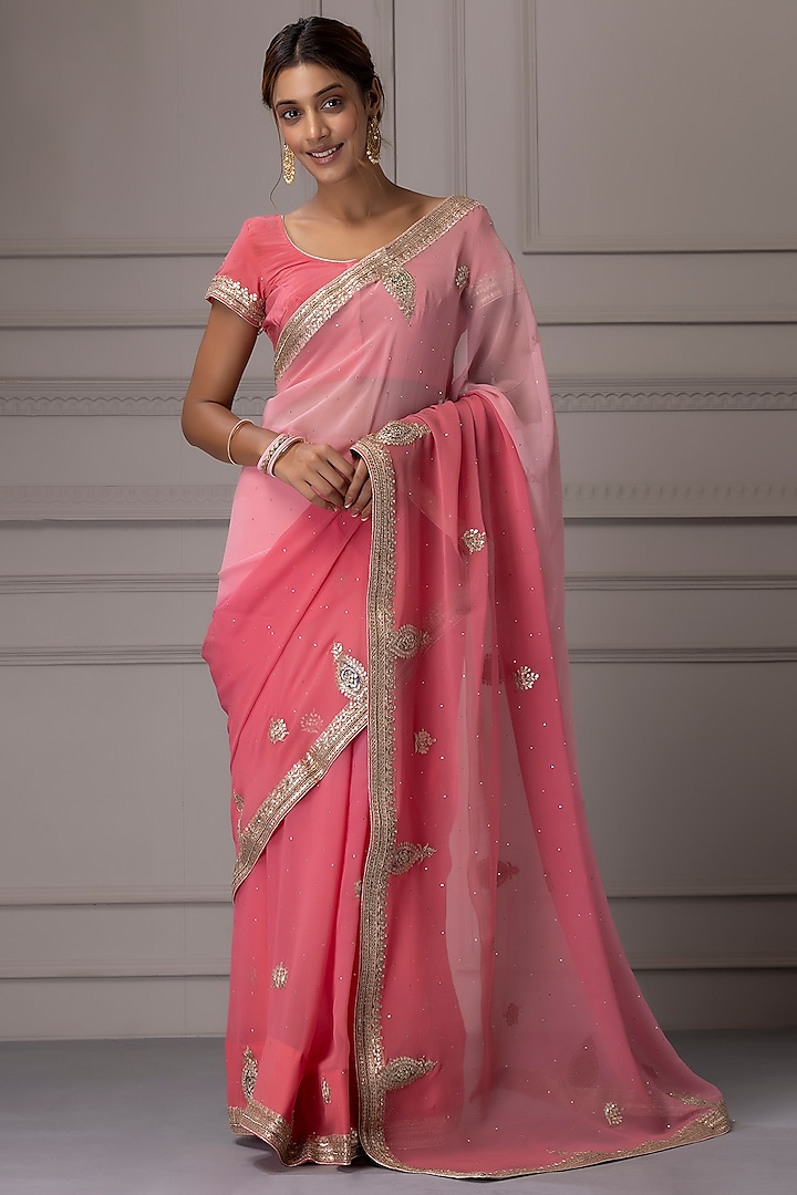 Pink & Peach Pure Georgette Mukaish Embroidered Saree Set by Geroo Jaipur