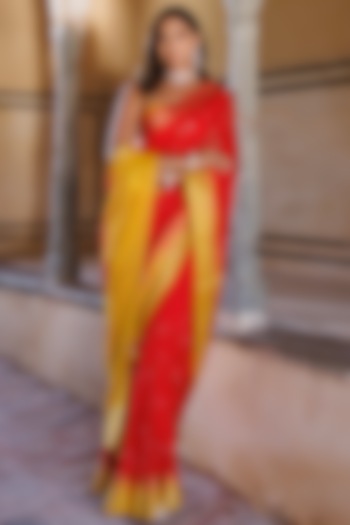 Yellow & Red Dola Silk Hand Embroidered Shaded Banarasi Party Wear Saree Set by Geroo Jaipur at Pernia's Pop Up Shop