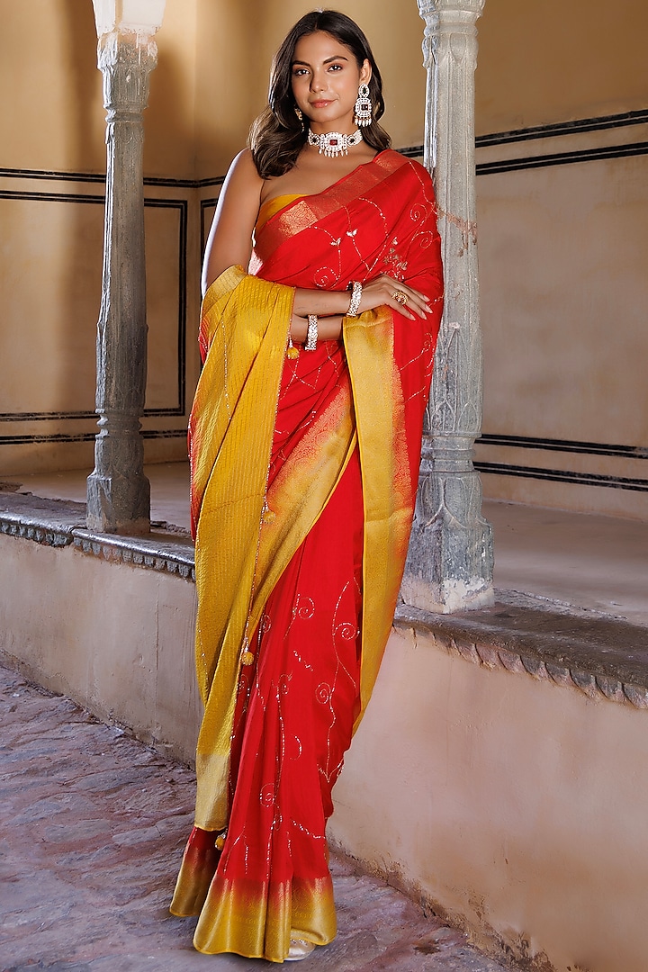 Yellow & Red Dola Silk Hand Embroidered Shaded Banarasi Party Wear Saree Set by Geroo Jaipur at Pernia's Pop Up Shop