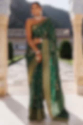 Green Dola Silk Hand Embroidered Shaded Banarasi Party Wear Saree Set by Geroo Jaipur at Pernia's Pop Up Shop