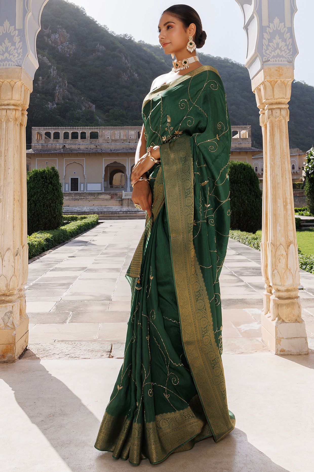 Dark green Silk Saree with Lace border - SR21097