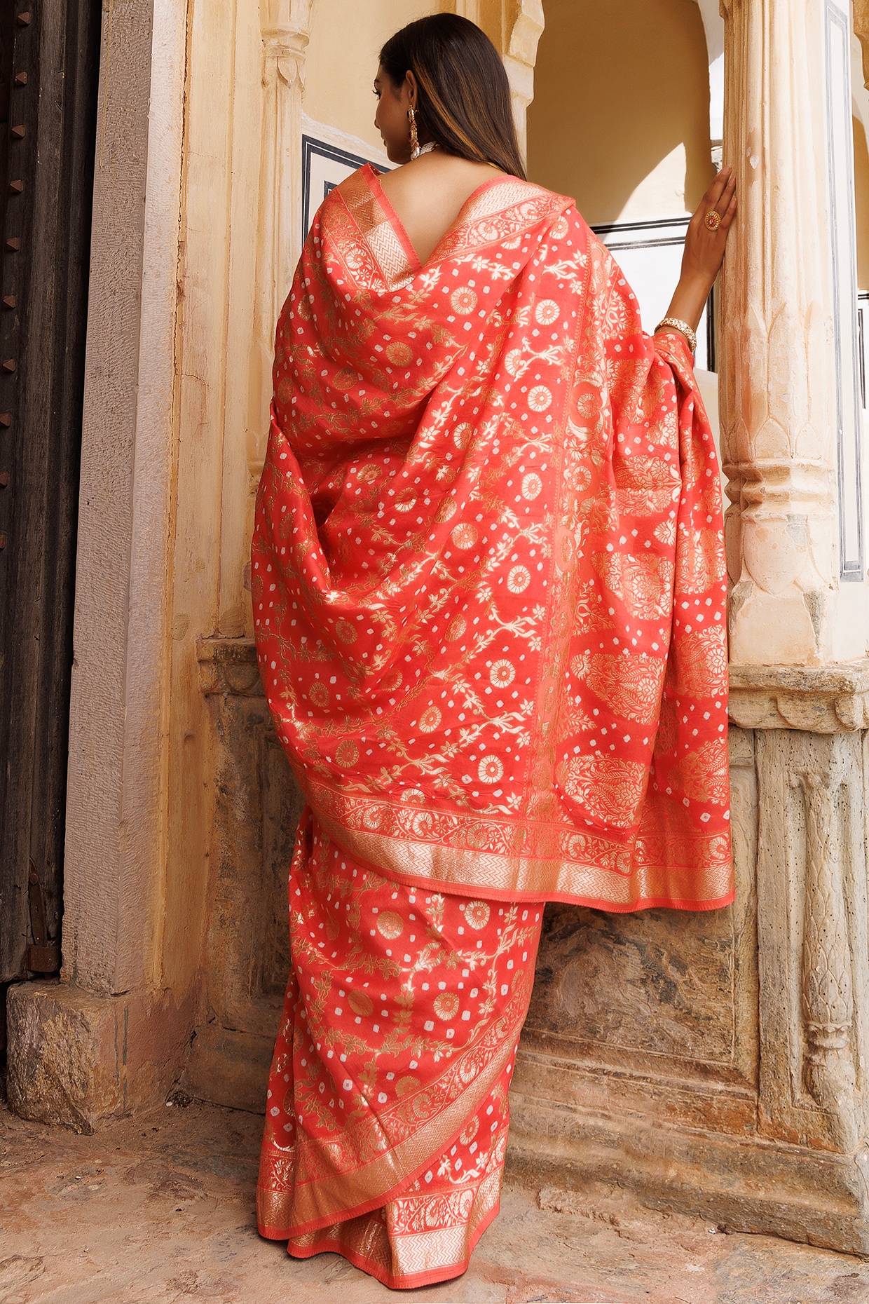 Gold Zari Patti Pattern Peach Color Banarasi Saree – Amrutamfab