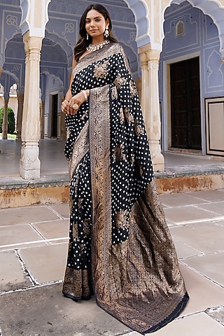 Black Silk Tie-Dye Bandhani Banarasi Saree Set by Geroo Jaipur