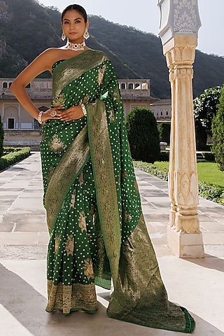 Green Silk Tie-Dye Bandhani Banarasi Saree Set by Geroo Jaipur