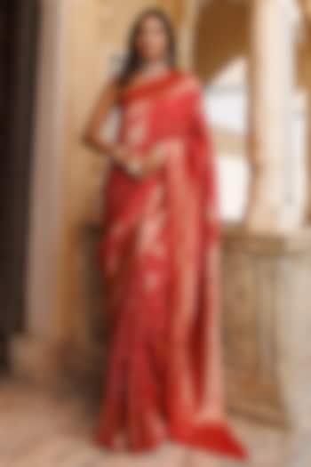 Pink Dola Silk Tie-Dye Bandhani Banarasi Party Wear Saree Set by Geroo Jaipur at Pernia's Pop Up Shop