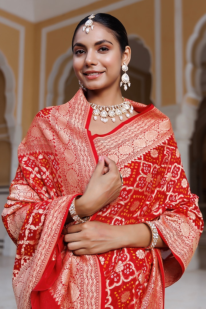 Red Pure Georgette Handwoven Gharchola Bandhani Wedding Saree Set by Geroo Jaipur at Pernia's Pop Up Shop