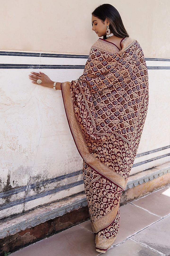 Purple Pure Georgette Handwoven Gharchola Bandhani Wedding Saree Set by Geroo Jaipur at Pernia's Pop Up Shop
