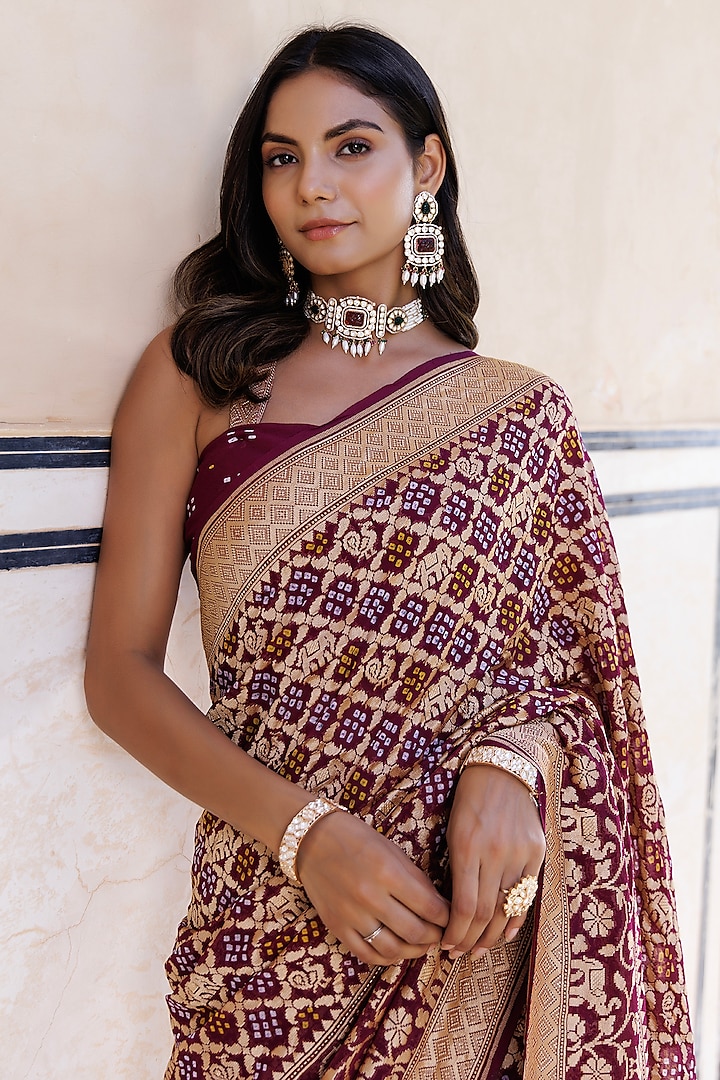 Purple Pure Georgette Handwoven Gharchola Bandhani Wedding Saree Set by Geroo Jaipur at Pernia's Pop Up Shop