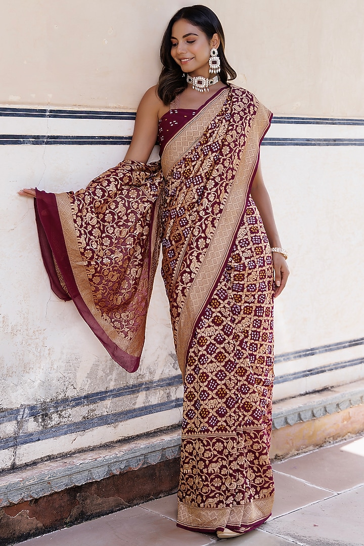 Purple Pure Georgette Handwoven Gharchola Bandhani Wedding Saree Set by Geroo Jaipur at Pernia's Pop Up Shop
