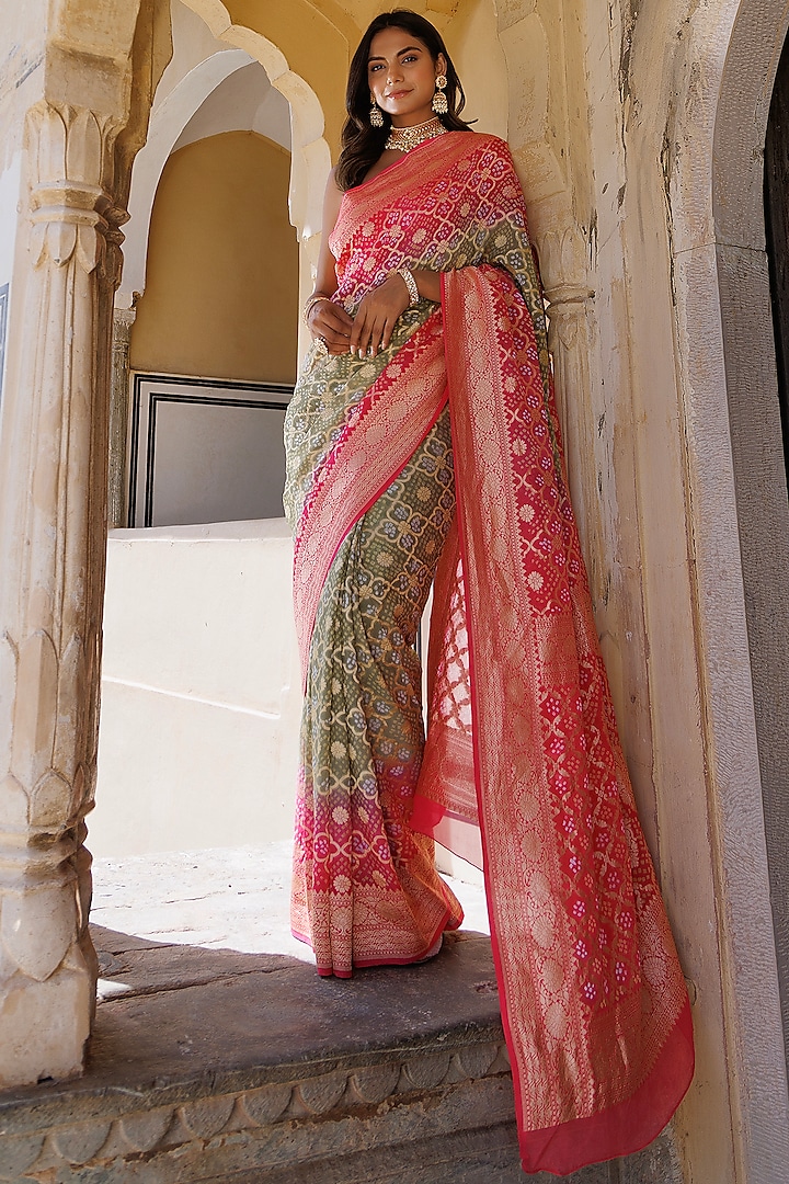 Pink & Green Pure Georgette Handwoven Gharchola Bandhani Saree Set by Geroo Jaipur