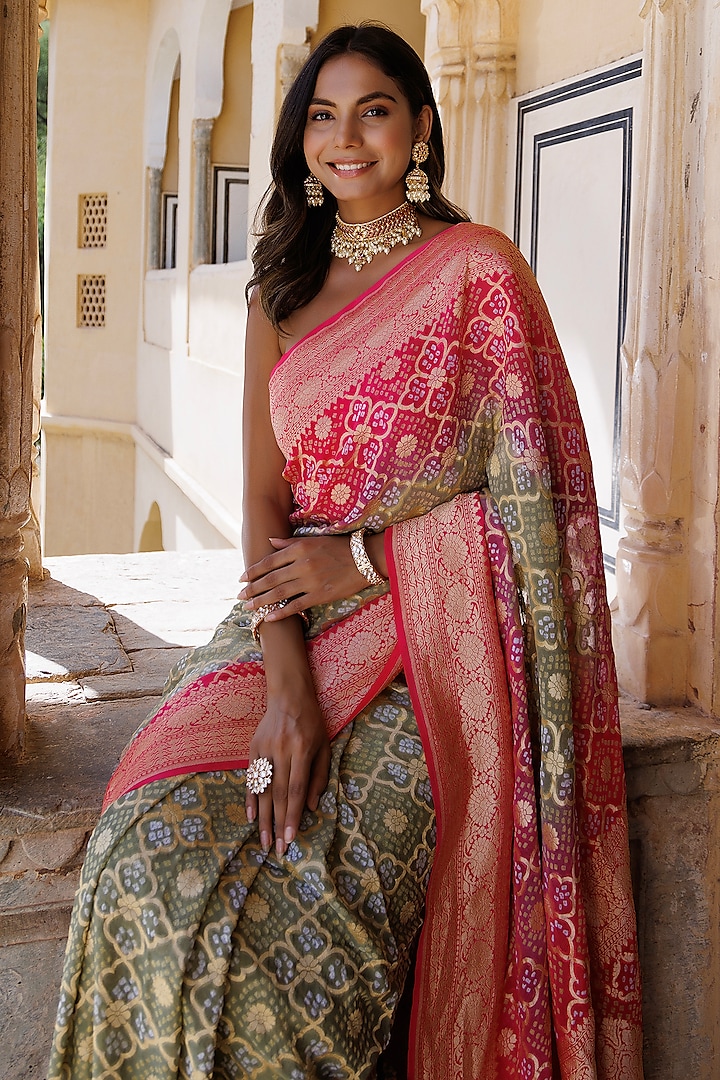 Pink & Green Pure Georgette Handwoven Gharchola Bandhani Wedding Saree Set by Geroo Jaipur at Pernia's Pop Up Shop
