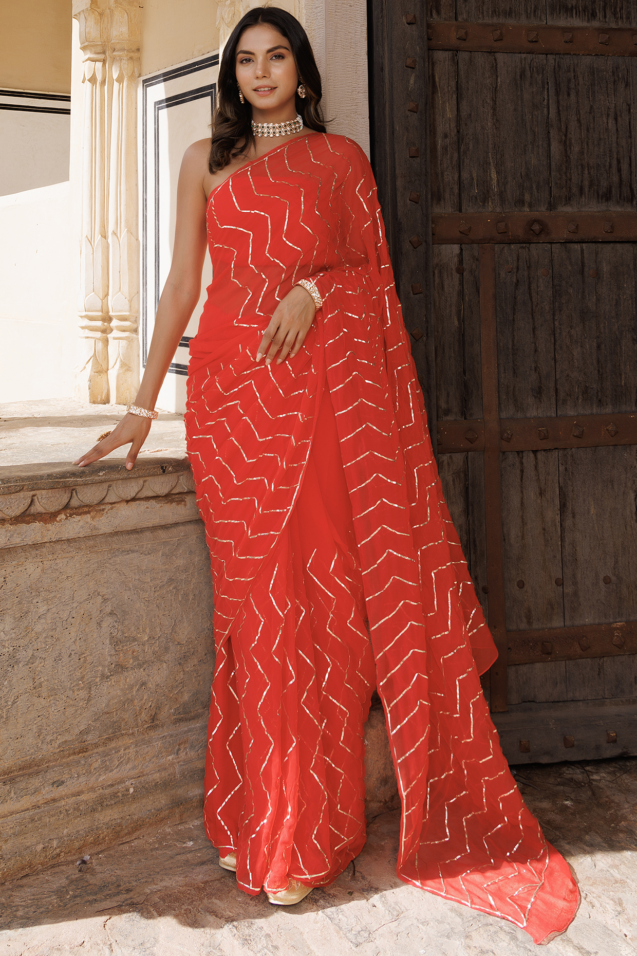 Red Chiffon Gota Jaal Hand Embroidered Festive Saree Set by Geroo Jaipur at Pernia's Pop Up Shop