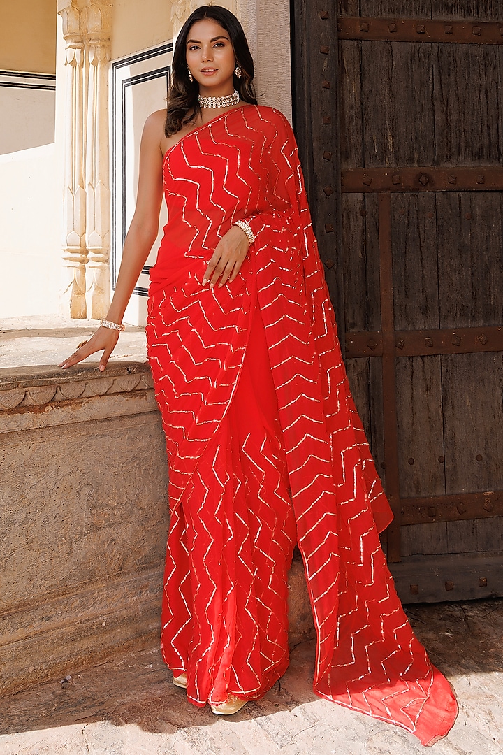Red Chiffon Gota Jaal Hand Embroidered Festive Saree Set by Geroo Jaipur at Pernia's Pop Up Shop