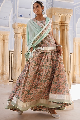 Peach & Green Pure Cotton Hand-Block Printed Skirt Set by Geroo Jaipur
