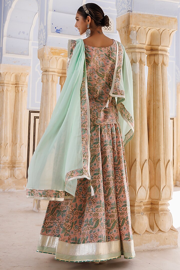 Peach & Green Pure Cotton Hand-Block Printed Skirt Set by Geroo Jaipur at Pernia's Pop Up Shop