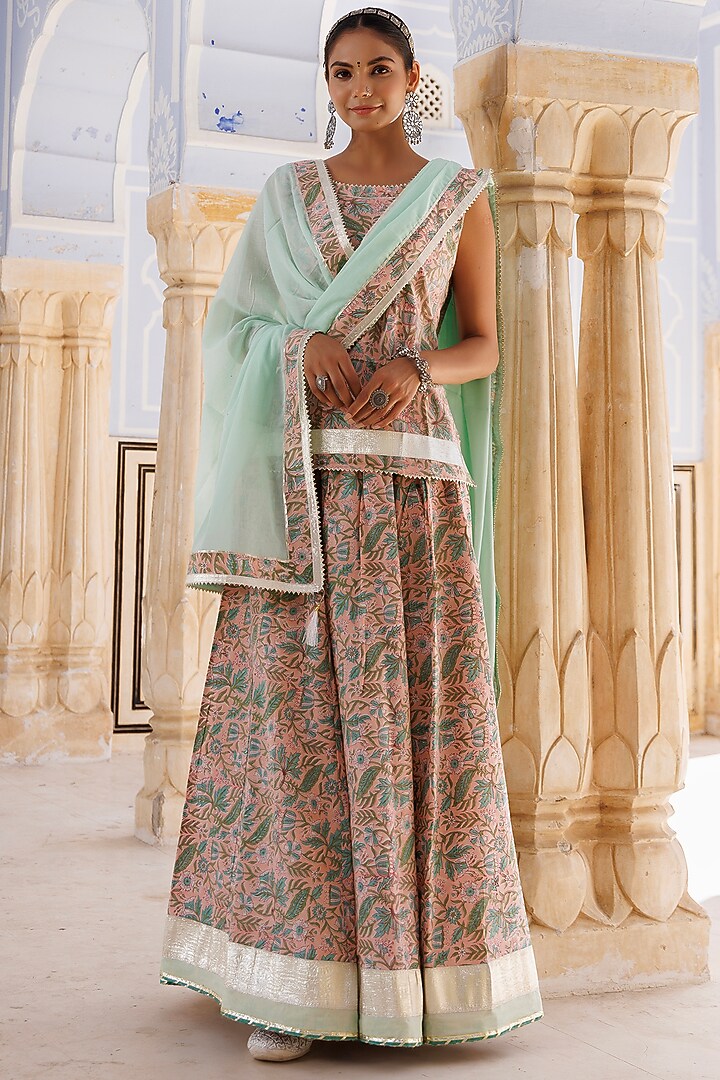 Peach & Green Pure Cotton Hand-Block Printed Skirt Set by Geroo Jaipur at Pernia's Pop Up Shop