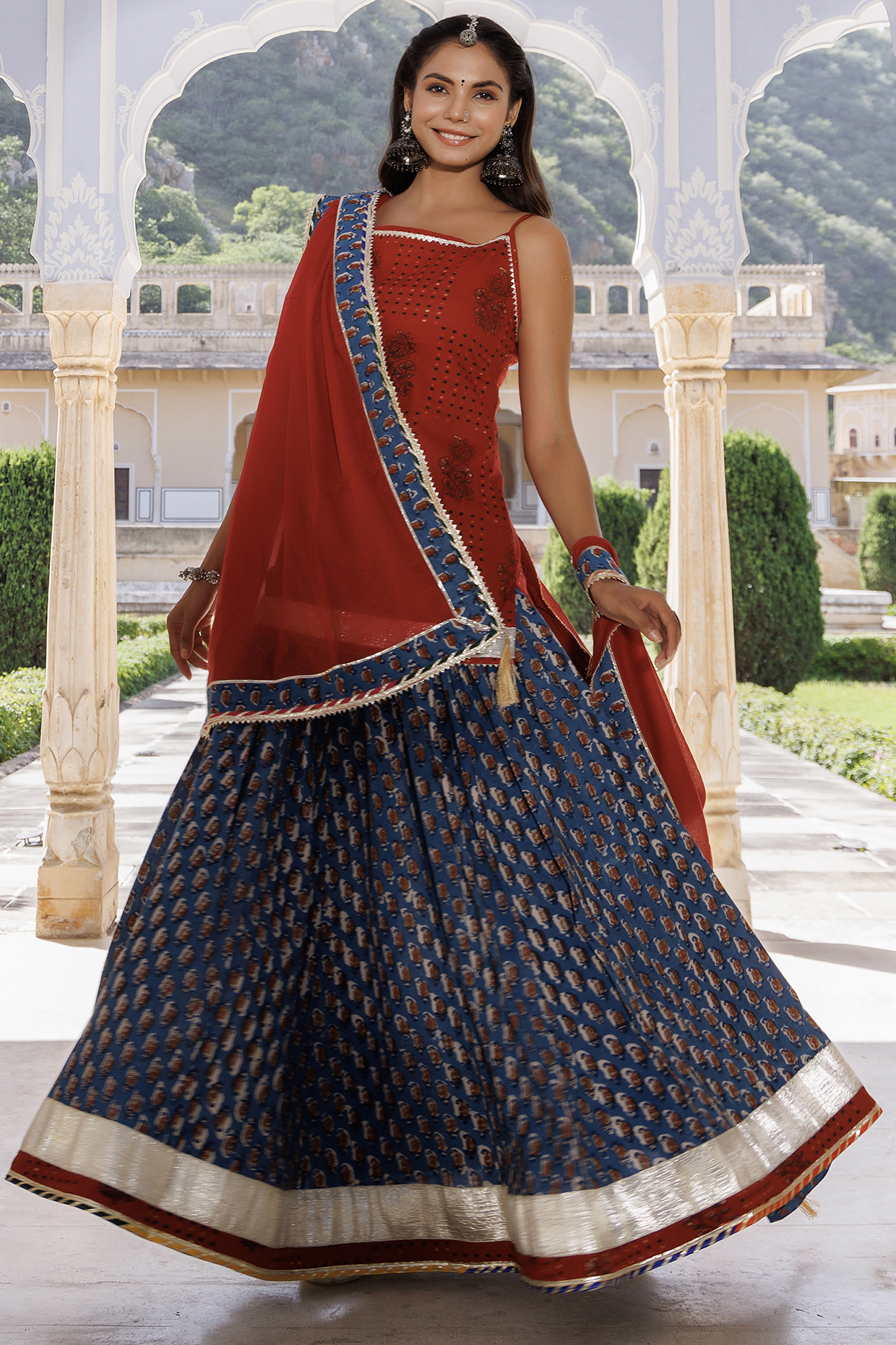 Indigo & Red Pure Cotton Hand-Block Printed Skirt Set by Geroo Jaipur at Pernia's Pop Up Shop