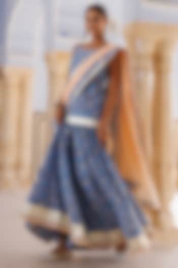 Light Blue Pure Cotton Hand-Block Printed Skirt Set by Geroo Jaipur at Pernia's Pop Up Shop