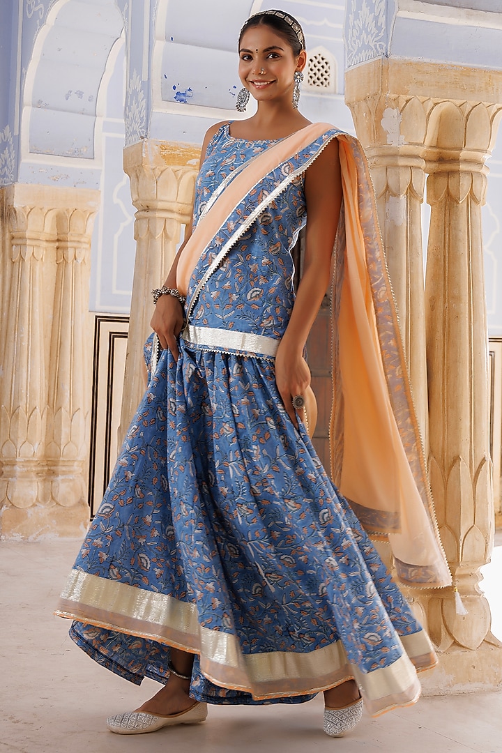 Light Blue Pure Cotton Hand-Block Printed Skirt Set by Geroo Jaipur at Pernia's Pop Up Shop