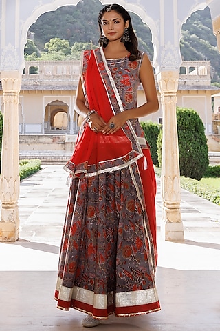 Grey & Orange Pure Cotton Hand-Block Printed Skirt Set by Geroo Jaipur