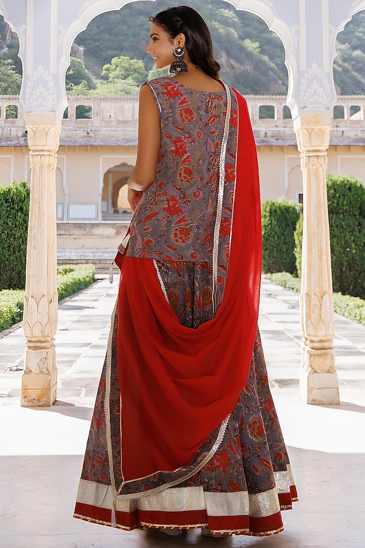 Grey & Orange Pure Cotton Hand-Block Printed Skirt Set by Geroo Jaipur at Pernia's Pop Up Shop