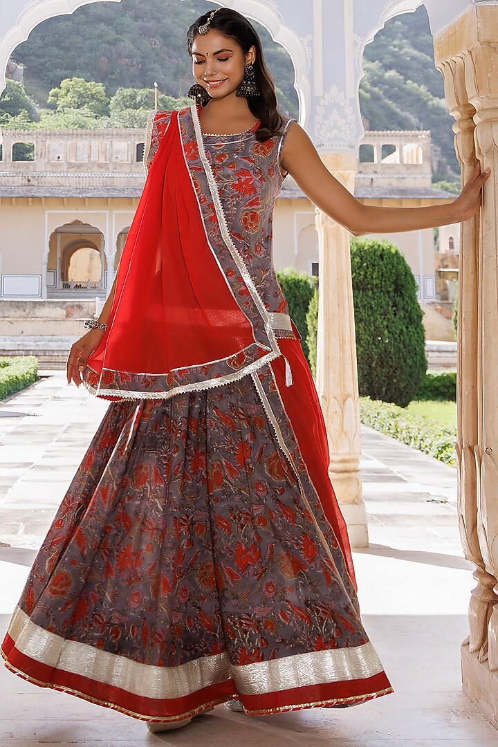 Grey & Orange Pure Cotton Hand-Block Printed Skirt Set by Geroo Jaipur at Pernia's Pop Up Shop