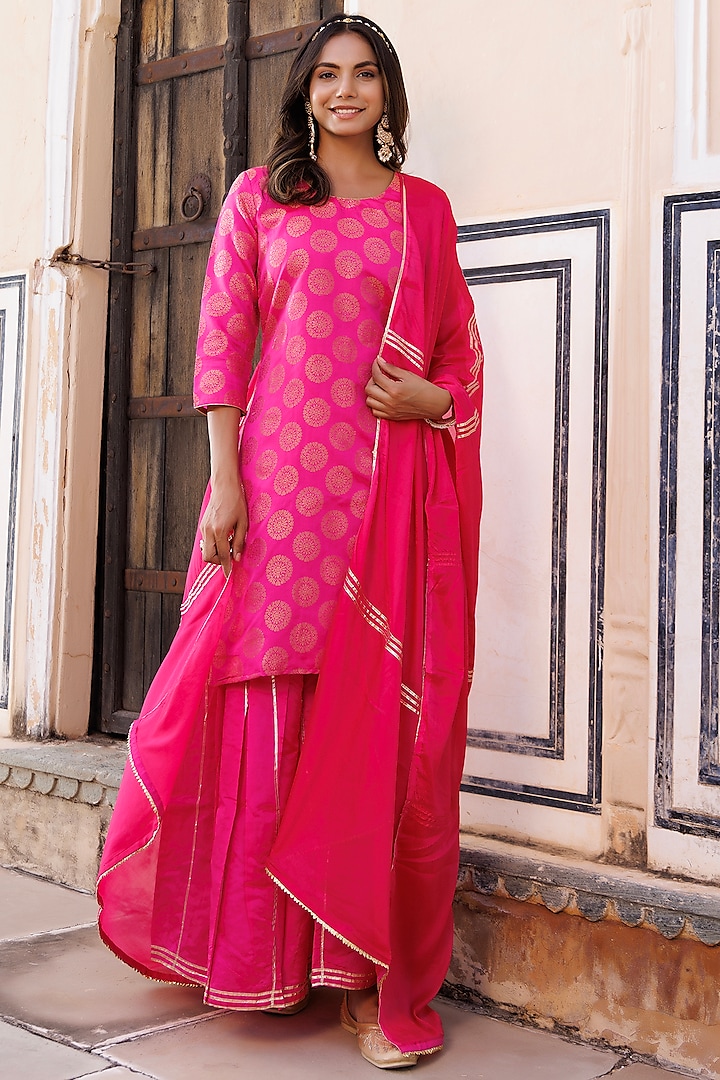 Pink Banarasi Silk Gota Hand Embellished Sharara Set by Geroo Jaipur at Pernia's Pop Up Shop