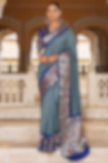 Grey & Blue Silk Handwoven Bandhani Saree Set by Geroo Jaipur