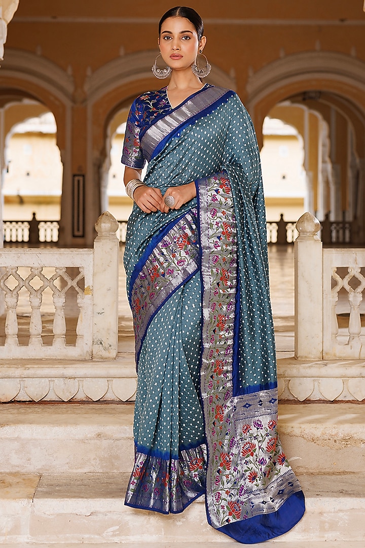 Grey & Blue Silk Handwoven Bandhani Saree Set by Geroo Jaipur