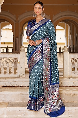 Grey & Blue Silk Handwoven Bandhani Saree Set by Geroo Jaipur