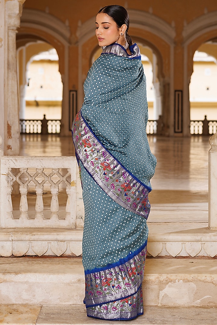 Grey & Blue Silk Handwoven Bandhani Wedding Saree Set by Geroo Jaipur at Pernia's Pop Up Shop