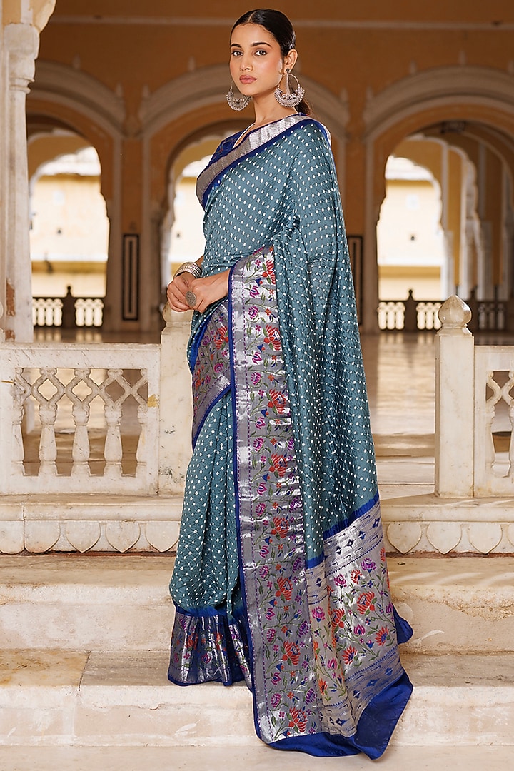 Grey & Blue Silk Handwoven Bandhani Wedding Saree Set by Geroo Jaipur at Pernia's Pop Up Shop
