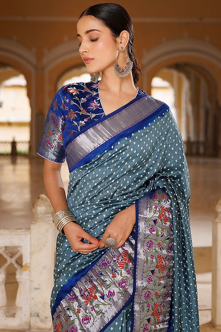 Grey & Blue Silk Handwoven Bandhani Wedding Saree Set by Geroo Jaipur at Pernia's Pop Up Shop